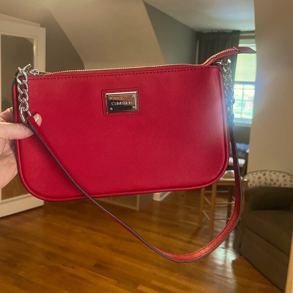 Cherry red Calvin Klein shoulder bag with silver chain